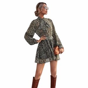 snakeskin print tie neck belted dress